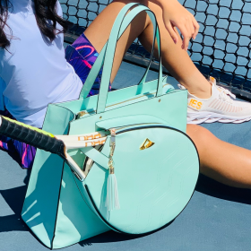 NiceAces MAYA COLLECTION TENNIS TOTE FOR TWO RACQUETS WITH A BEAUTIFUL CLUTCH; BOTTLE; CAN AND KEY HOLDERS (Color: green mint)