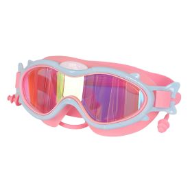 Kids Swim Goggles With Ear Plugs UV Protection Anti-Fog Leak Proof Wide View Pool Swimming Goggles For Youth Boys Girls Aged 3-16 Years Old Summer Bea (Color: Pink_BlueRim)